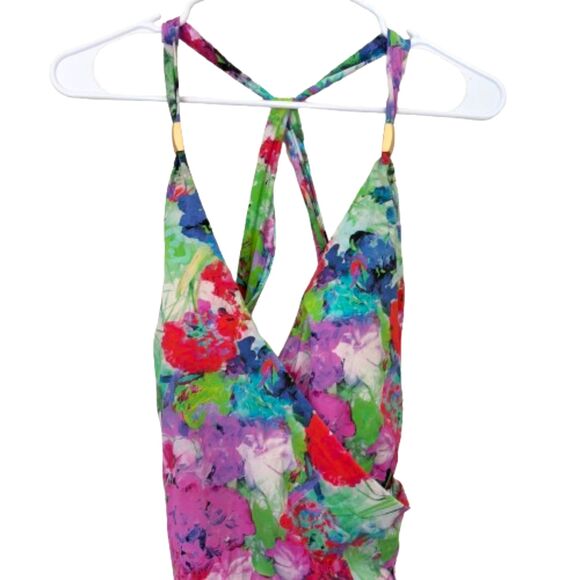 Lands' End Cross Back One Piece Swimsuit Ruched Multicolor Floral Plus Size 14 - Picture 2 of 6